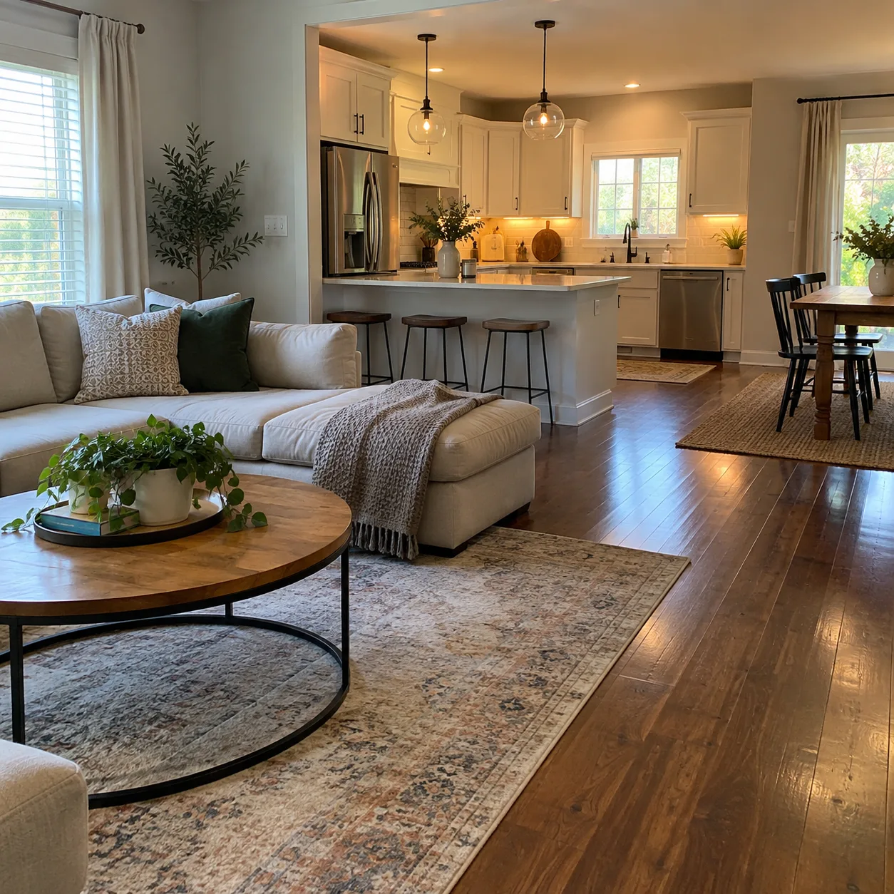 Clean open living room and kitchen with polished wood floors